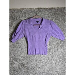 Express Purple Knit Top Small Puff Sleeve Collared V Neck Stretch